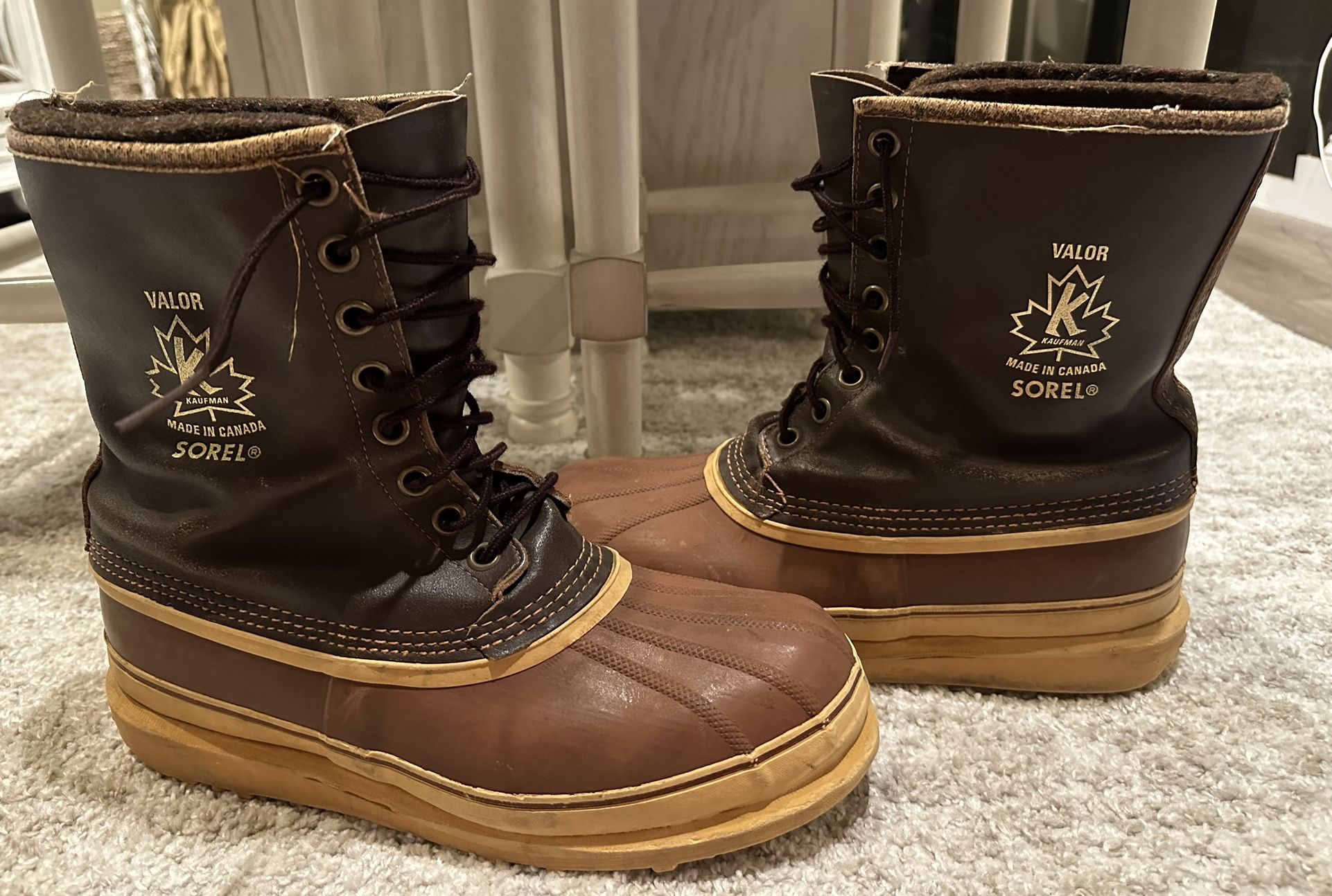 ✨ Vintage Sorel Valor Kaufman Canada Boots Men’s size 11 Brown Leather Rubber Duck Winter Snow Wool Lined