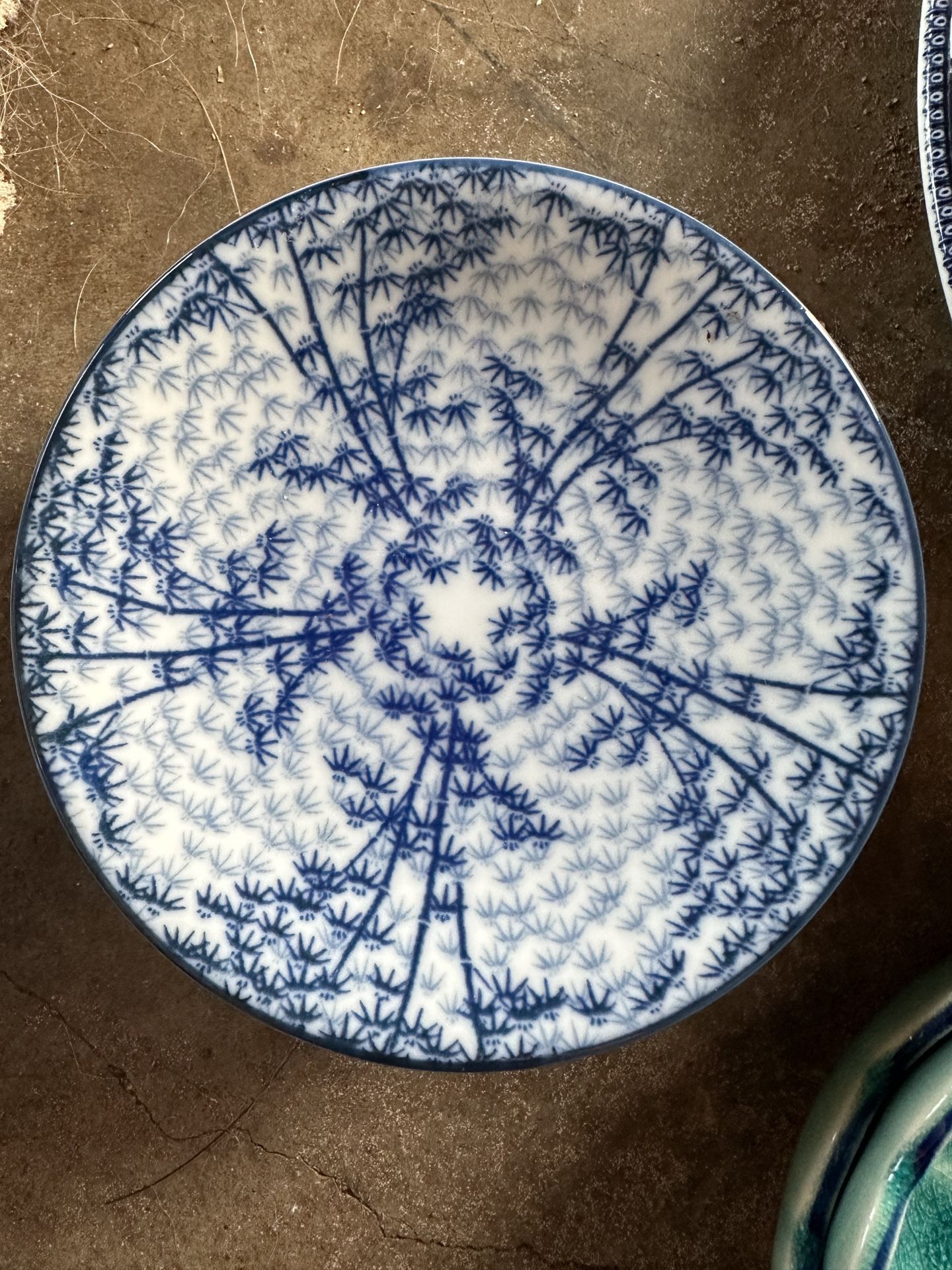 Vintage Japanese Blue & White Porcelain Bamboo Pattern Saucer 5"
