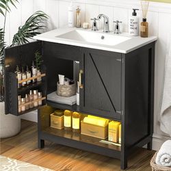 30" Bathroom Vanity with Sink, Modern Bathroom Cabinet with LED Light, Bathroom Vanity Set, Double Soft Closing Cabinet Door with Organizer, Black