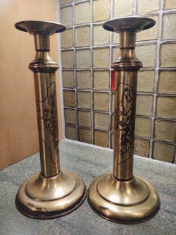 Vintage Etched Brass Candlesticks