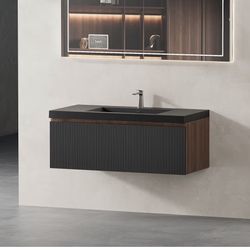 42 in. Wall-Mounted Bath Vanity Floating Bathroom Storage Cabinet in Smoked Walnut with Black Quartz Sand Top [NEW]
