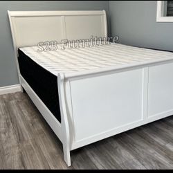 Full Size White Sleigh Bed W Ortho Mattress 