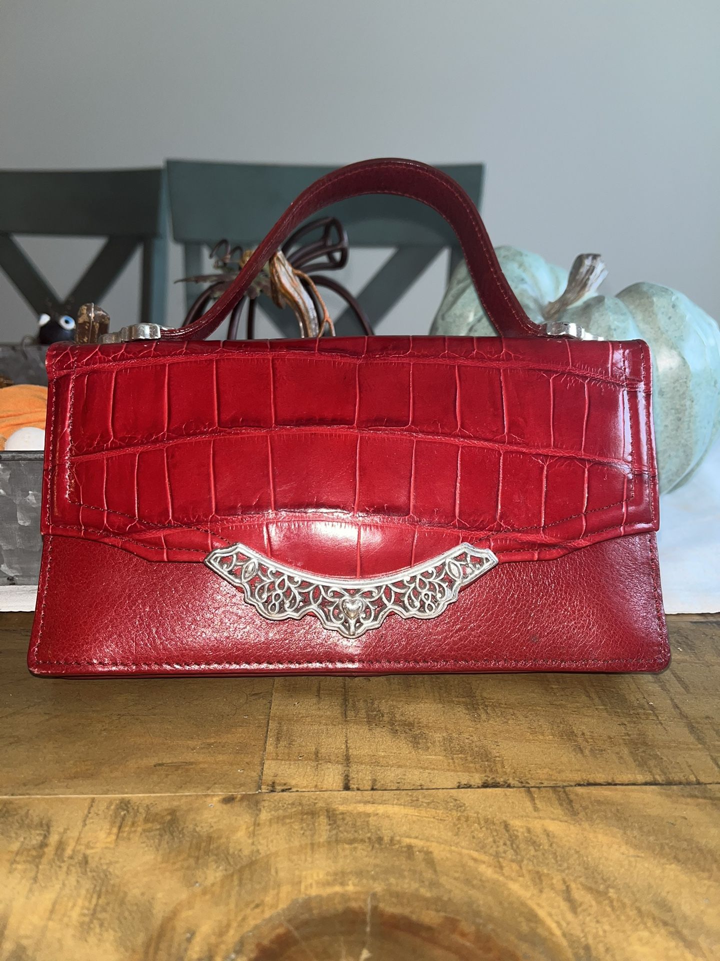 Brighton Red Leather/Croc Handbag w Ornate Silver Embellished