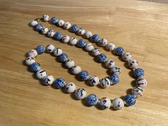 Vintage Knotted Chinese Blue and White Porcelain Bead Necklace with Silver Plated Clasp