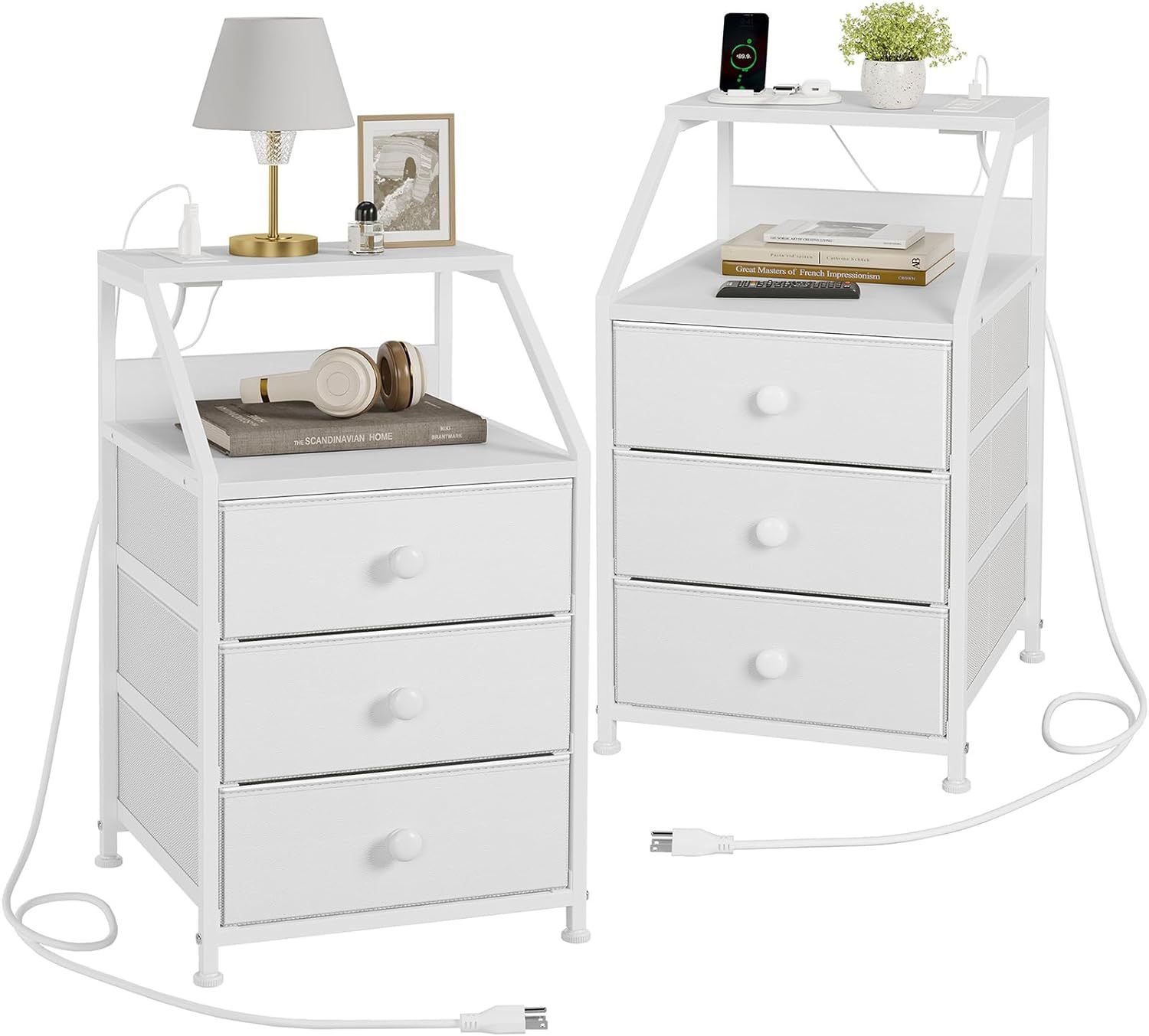 Nightstand Set of 2, White Night Stands with Charging Station, Bedside Tables with 3 Fabric Drawers and 2-Tier Storage Shelves, Modern Side Table fo