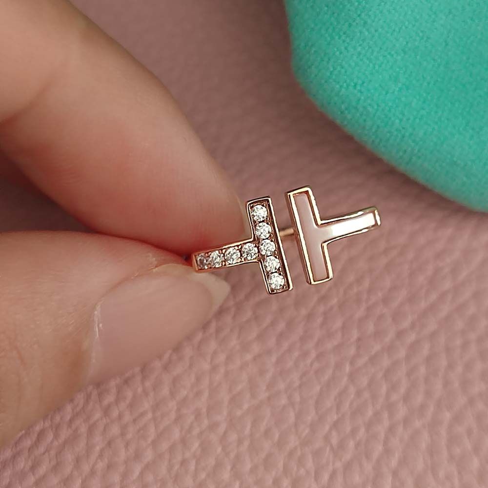 Tiffany T Wire Ring Diamond & MOP 18k Rose Gold Size 7