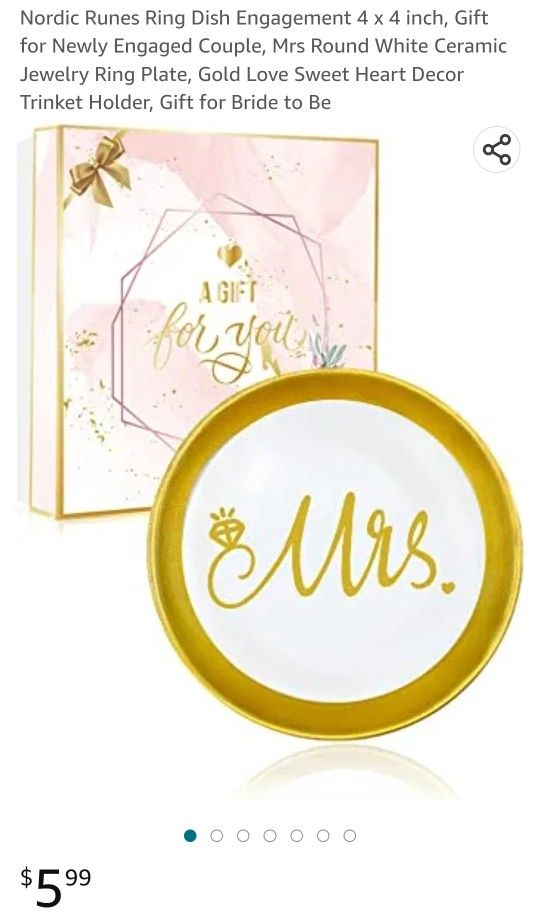 Ring Dish Engagement 4 x 4 inch, Gift for Newly Engaged Couple, Mrs Round White Ceramic Jewelry Ring Plate, Gold Love Sweet Heart Decor Trinket Holder
