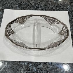 Vintage Etched Crystal Silver Filigree Relish Tray with a Divider Down the middle.  Size approximately 9 inches wide and 1 1/2 inches tall.  Preowned.