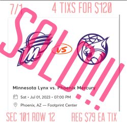 Phoenix Mercury Vs Minnesota 12 Row 4 Tixs For $120