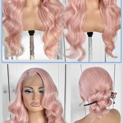 🔥Brand new 🔥 13x6 Pink Wigs Glueless HD Lace Front Wigs Pre Plucked Synthetic Body Wave Wear And Go Lace Front Wig For Cosplay Party Light Pink Wig 