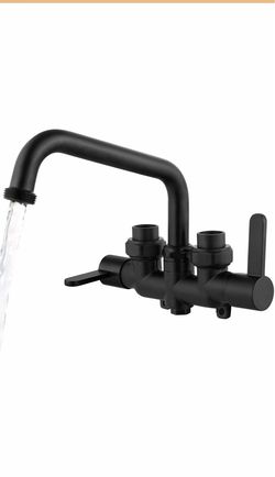 Aolemi Laundry Utility Sink Faucet, Wall Mount,6 Inch Spout,Matte Black Laundry Tub Faucet,NPT3/4 Threaded End, 3 Inch Center, 2- Handle
