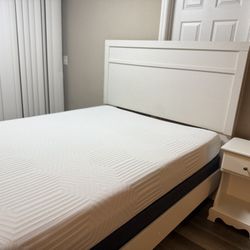 Used queen bed for sale, includes mattress and nightstand.