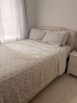 Queen Size White Bed Frame & Blue Foundation Base Set