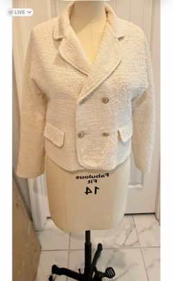 Zara Textured Cropped Tweed Blazer Jacket - Cream / White