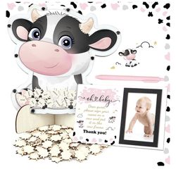 Baby Shower Guest Book Alternatives Set Baby Birthday Guestbook with Photo Frame Baby Sonogram Frame Keepsake 60 Cow Wood Slices Guest Book for Birthd
