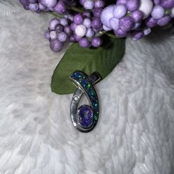 Vintage Tanzanite and Blue Fire Opal Inlay Sterling Silver w/ CZ Stone Pendant