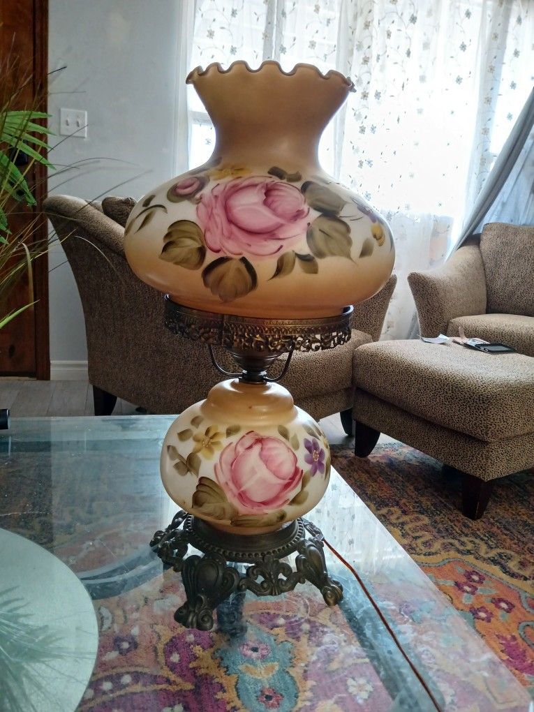 Hurricane Amber Double Globe Rose Parlor Lamp