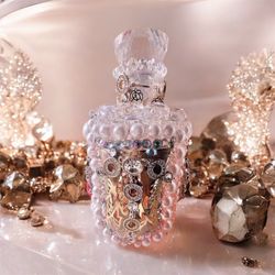 Luxurious jeweled glass jar with rhinestones, pearls, gold filigree, and crystal top – handmade decorative bottle, perfect Wedding gift idea