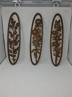 Vtg Burwood Gold Oval Wall Plaques Set 3 Floral Rose Mum Pine MCM Hollywood Regency