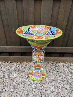 Mexican Talavera Lime Green Birdbath Decor, Pottery, Clay Pot, Planter.