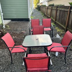 HD design Outdoor Square Glass Table With 6 Red Chairs