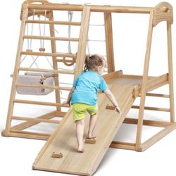 Indoor Playground, 8-in-1 Kids Montessori Jungle Gym Climbing Toys with Baby Slide, Climbing Net, Rock Climbing, Monkey Bar, Swing, Gymnastic Rings, C