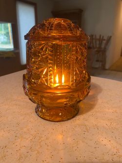 Vintage Amber Fairy Lamp MCM - Indiana Glass Company Stars and Bars