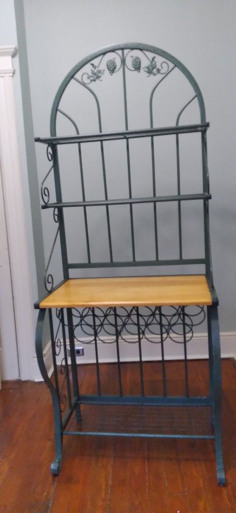70 Inch 4 Tier Bakers Rack, Wood Shelf, Wine Rack, Carved Metal Frame - 31W x 29D x 70H