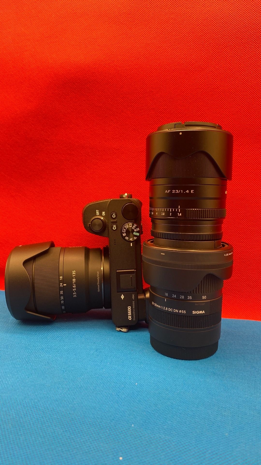 Sony a6600 with 18-135mm sigma 18-50mm and Viltrox AF 23mm f1.4