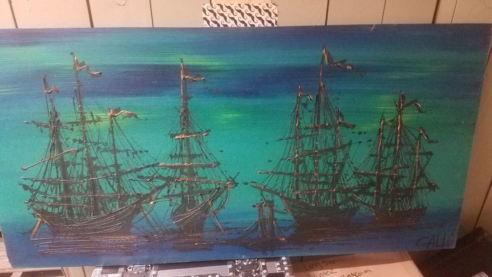 Mid Century Oil on Moisonite Maritime Painting Signed GALLO from Galatea Studios Hollywood