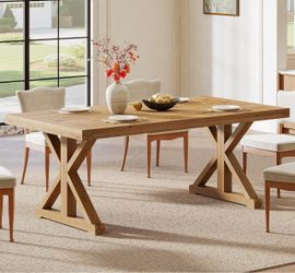 F2703 Solid Wood Dining Table for 4-6, 63-Inch Farmhouse Kitchen Table with Sturdy Legs, Wooden Rectangular Dinner Furniture for Kitchen, Dining Room,