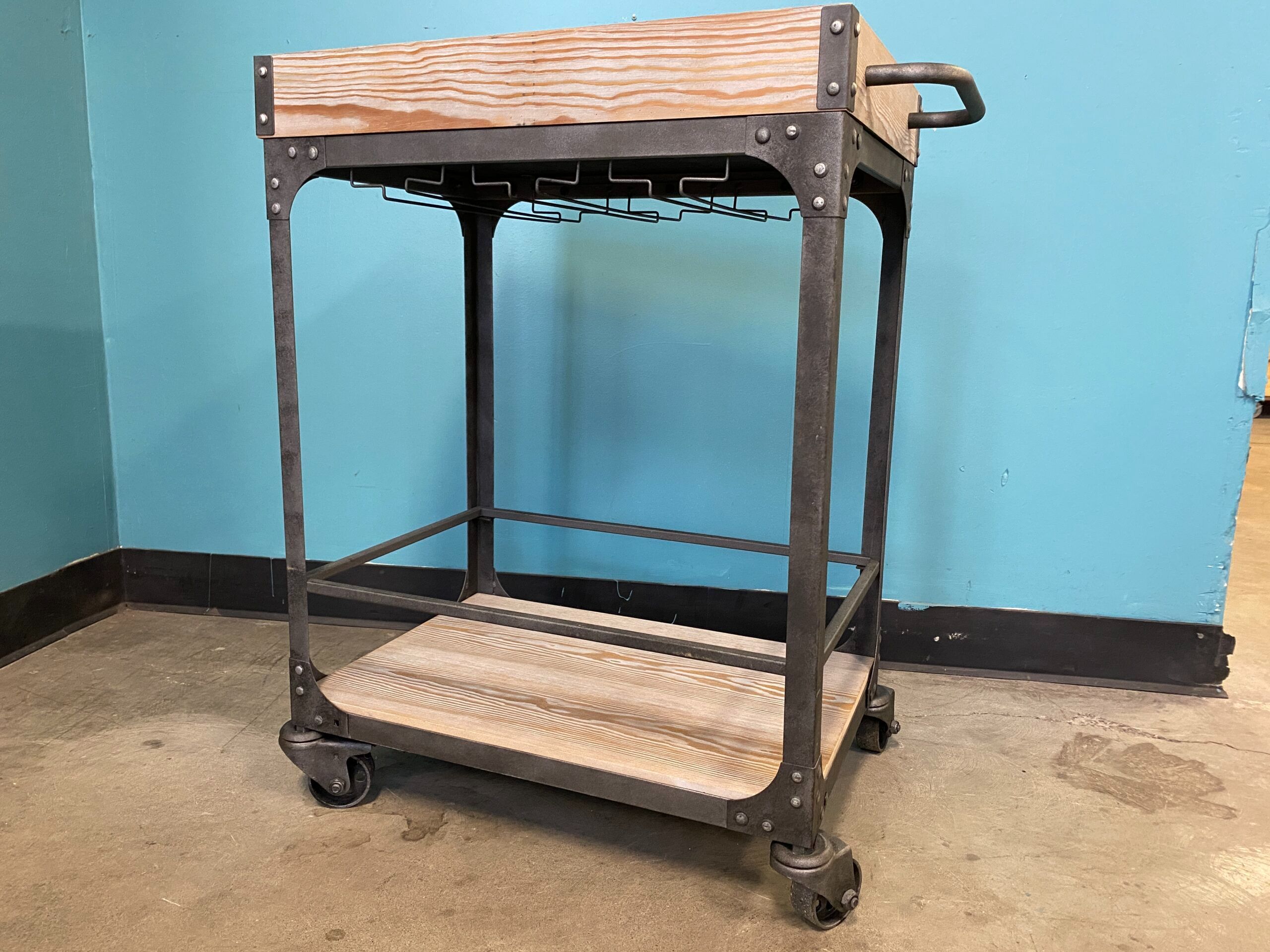 Industrial Style Rolling Bar Cart with Wine Glass Rack