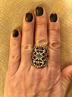 Ruby Emerald Topaz Silver & Bronze Ring Size 8