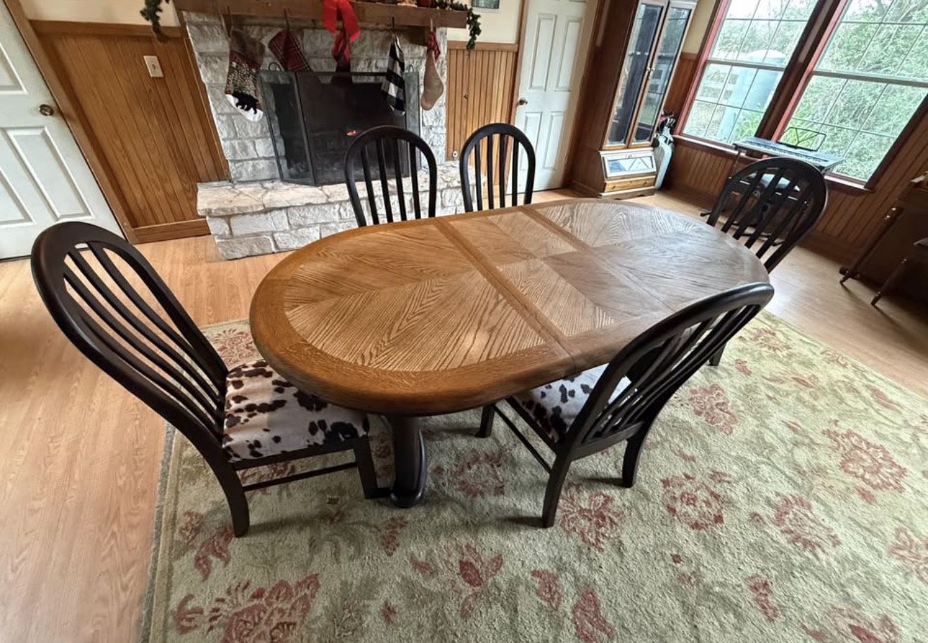 Wood Table Stained Top- Brown Bottom Comes with 5 Brown Cowhide Print Chairs