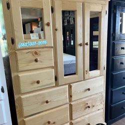 Natural Real Pine Wood Tall Jumbo Armoire With Mirrors- Ropero Madera Sólido 
