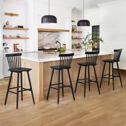30” Set Of 4 LUE BONA Upgraded Windsor Wooden Black Bar Stools Set of 4, 30 Inch Bar Height Barstools with Spindle Back/Bigger Seat for Kitchen Island