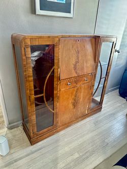 Art Deco burl walnut and wood veneered beverage display and secretaire cabinet