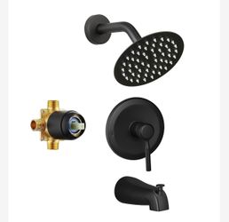 Tub Shower Faucet Set Valve Included with 6-Inch Rain Shower Head and Tub Spout Single-Handle Tub and Shower Trim Kit Matte Black