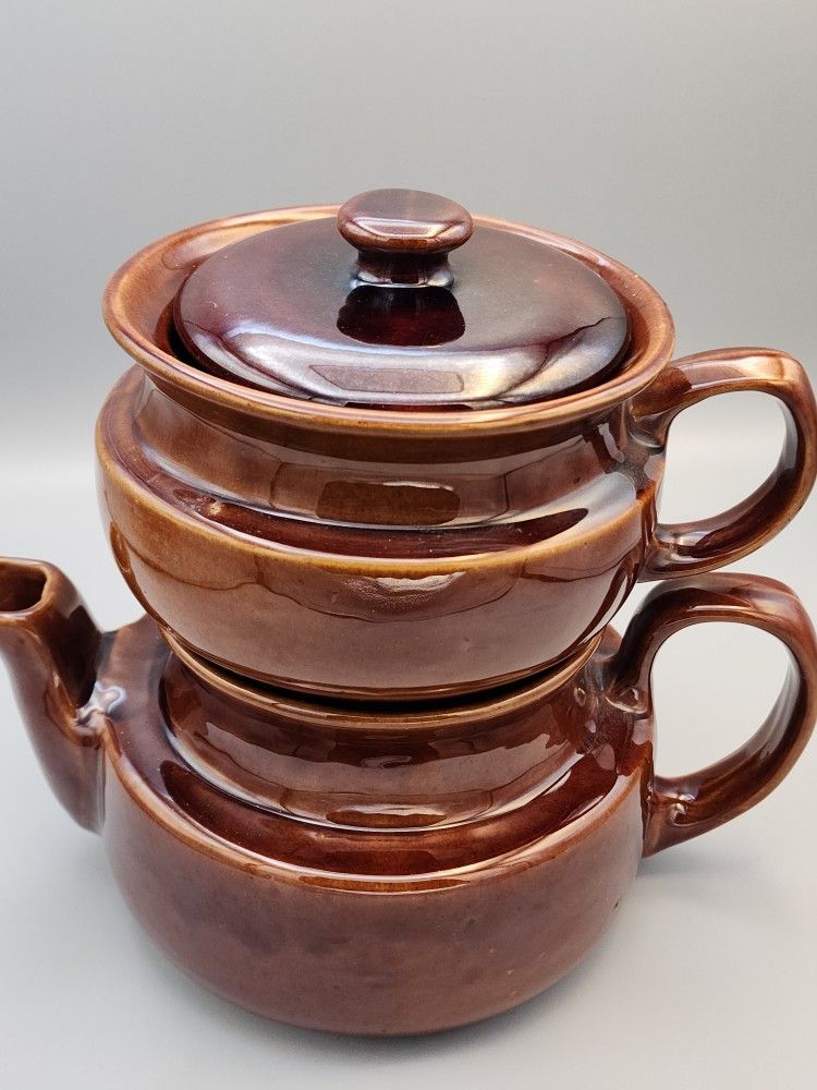 Vintage USA Stoneware Brown 3-piece Double Dripolator Teapot/Coffee Pot w/Lid
