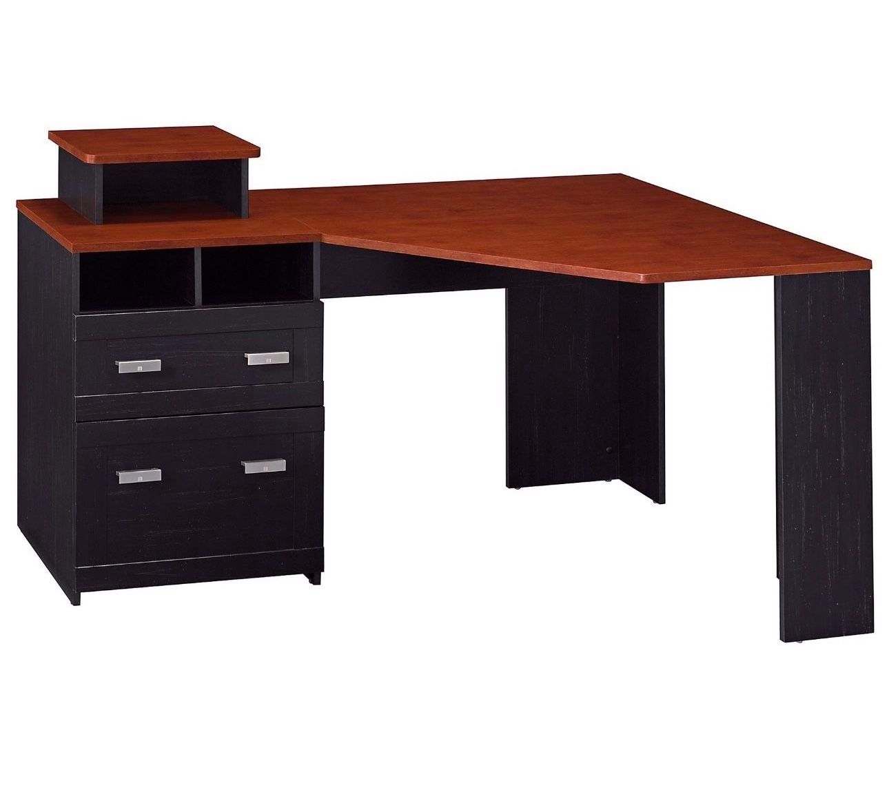 Corner computer desk with attached filing cabinet. Cherry color with antiquish style filing cabinet.