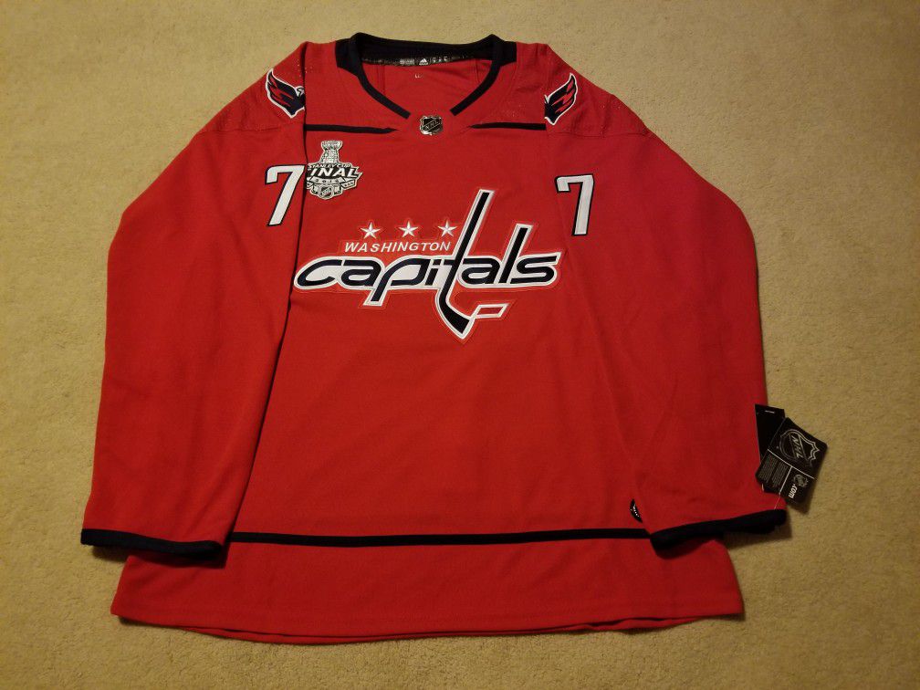 Brand New With Tags  TJ OSHIE  2018 FINALS JERSEY  Size XL ( Size 54)  #77  Nameplate, Numbers, Logos, and Patches are all fully embroidered.