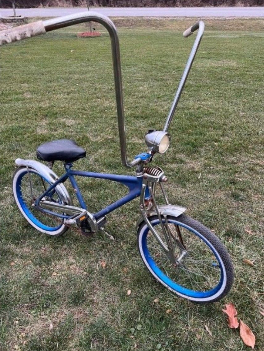Beautiful Blue Bicycle With Long 𦧠Ape Hanger Handle Bars Bike Chopper