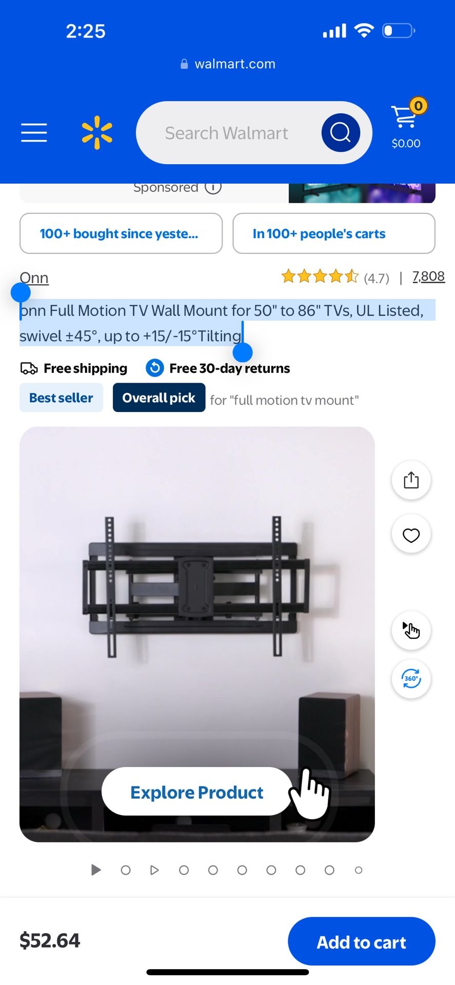 onn Full Motion TV Wall Mount for 50" to 86" TVs, UL Listed, swivel ±45°, up to +15/-15°Tilting