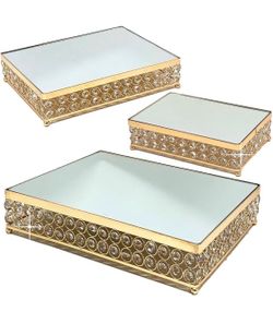 Allgala Wedding Cake Stands 3-Piece Set Crystal Gold Plated Cheese Dessert Cupcake Cake Stand with Mirror Plate-Gold Rectangle-HD89203