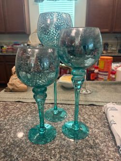 Teal Crackle Glass Candle Holders Set of 3