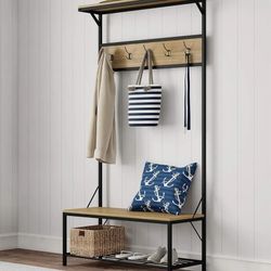 Lavish Home Entryway Bench with Seat - Iron and Wood Furniture with 5-Hook Coat Rack, Top Shelf, and Bottom Shoe Storage (Weathered Woodgrain-Look)