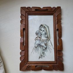 Vintage Cut out Wood Frame Mary virgin Child MCM boho handmade Shabbychic Farmhouse grandmacore