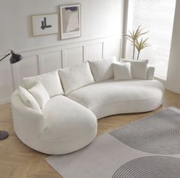 125” White Modern Boucle Curved Sectional Sofa (Wood Framed) w/ Left Facing Chaise[NEW] **NO Assembly Req**Retails For $2000