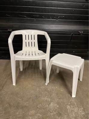 Outdoor patio deck plastic chair $10. Outdoor Side Table $5. Free to ask, I reply