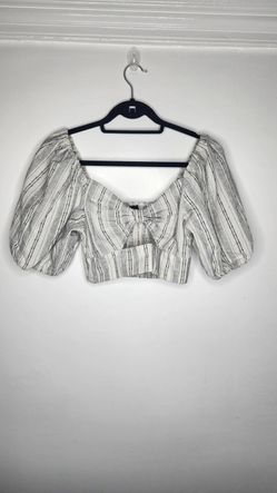 Lulus Top Womens Small White Black Striped Puff Sleeve Crop Tie Front Blouse